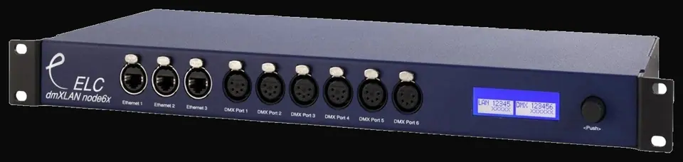 ELC dmXLAN node6x: 19-inch node met drie Ethernet-poorten, zes DMX-poorten en een display